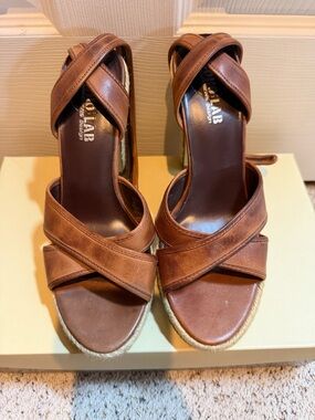 Womens Brown Leather Cross-Strap Wedge Sandals